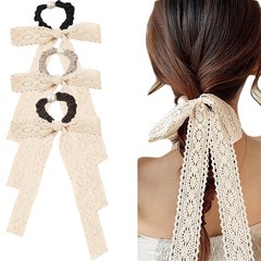 Lace Hair Scarf 3 Pcs Beige Ribbon Bow Scrunchies Pearl Ties Chiffon Long