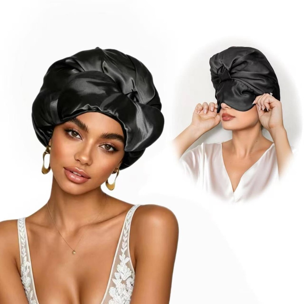 2-in-1 Satin Sleep Bonnet & Eye Mask, Adjustable Silk Hair Cap Large, Black