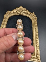 Vintage Faux Pearls & Rhinestone French Hair Barrette Silver Tone 3″