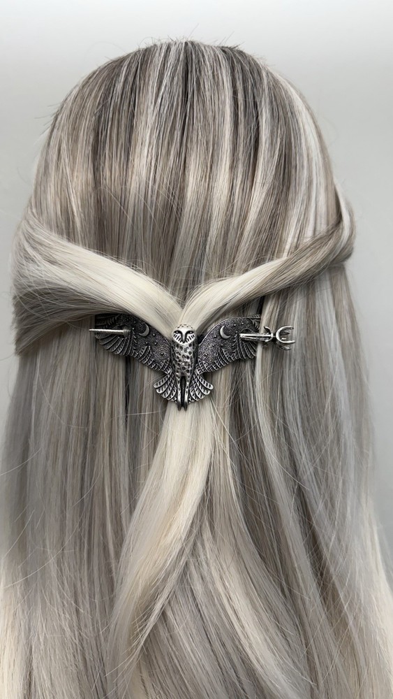 Owl Hair Pin Silver Gothic Viking Hair Stick Celtic Medieval Barrette Fantasy