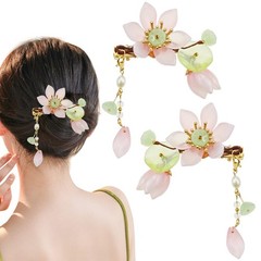 1 Pair Pink Handmade Lotus Hair Clips, Vintage Flower Tassel Clip, Hanfu Decorat