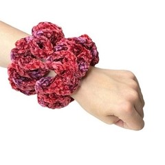 Crochet Scrunchie Oversized Hair Tie Set of 2 Red Plush Crushed Velvet Handmade