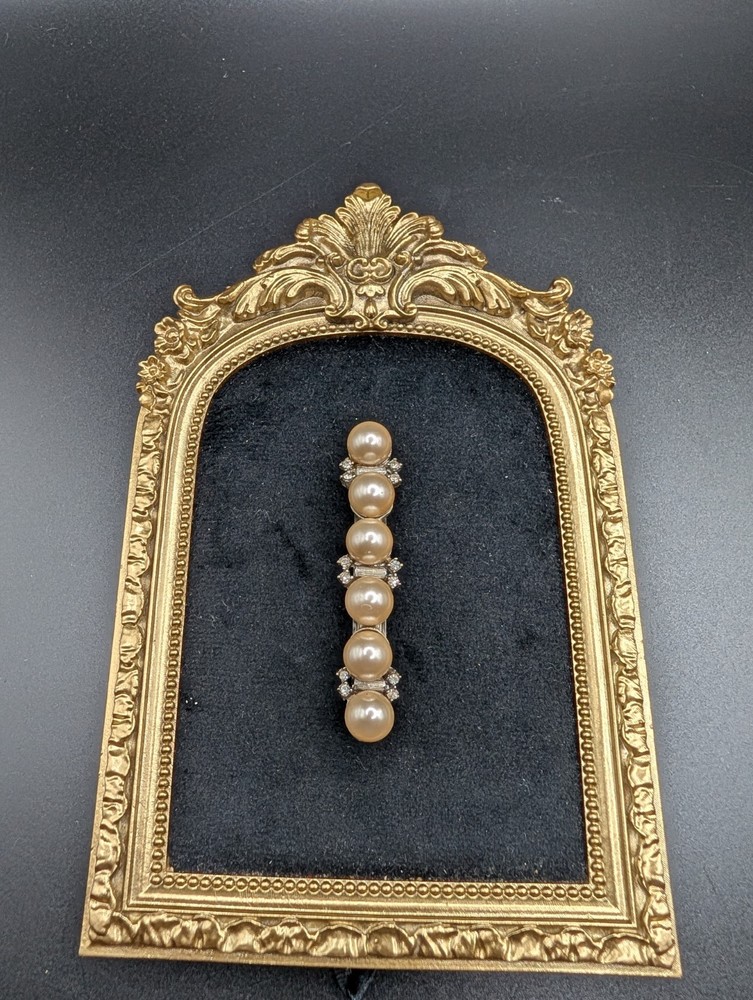 Vintage Faux Pearls & Rhinestone French Hair Barrette Silver Tone 3″