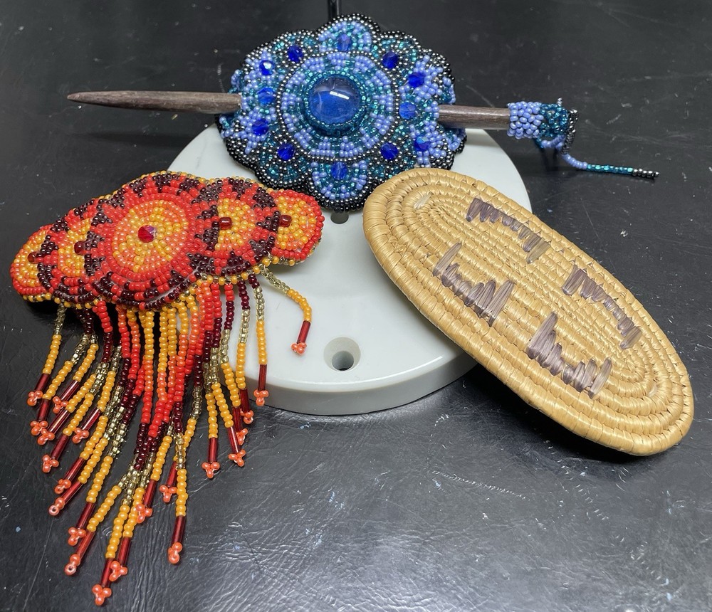 Handcrafted Beaded Hair Barrettes (2) And 1 Woven Oval Shape, Orange, Blue 4”.