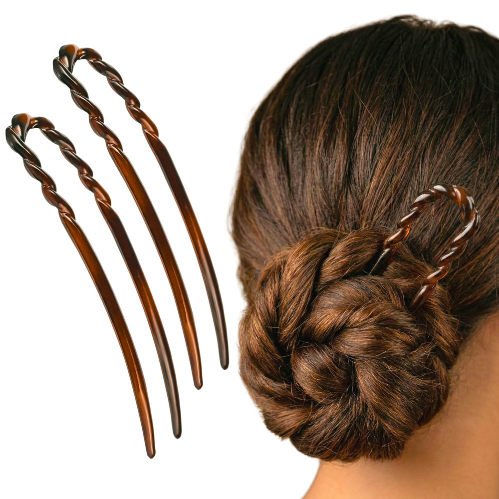Parcelona French U Hair Pins 3.5″ Tortoise Shell Bun Chignon Forks (Set of 2)