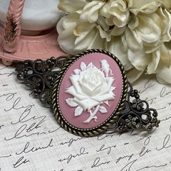 Pink & White Rose Cameo Flower Anniversary Wedding Pin Hair Clip Jewelry Comb