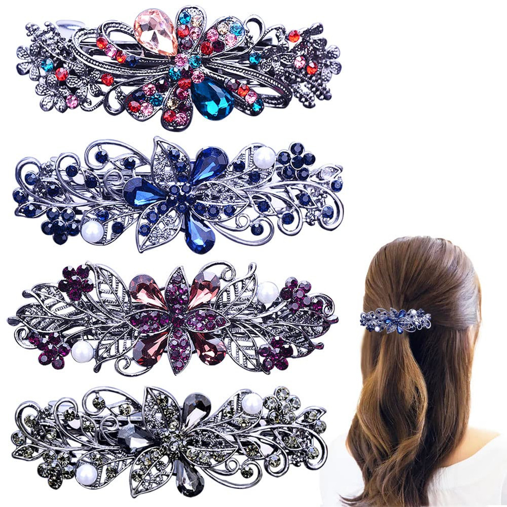 4 PCS Hair Barrettes for Women Ladies, Flower Crystal Rhinestones Barrette Pearl