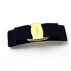 Authentic Salvatore Ferragamo Vara Ribbon Barrette, Navy and Gold, Pre-owned,