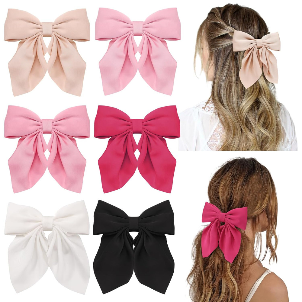 6Pcs Hair Bows for Women, Bow Hair Clips, Silky Satin Hair Bows for Girls, Pink