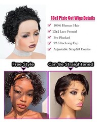 1cmx13cm Lace Frontal 100% Human Hair Wavy Pixie Cut Full Wig for Women,9 colors