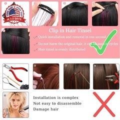Hair Tinsel Pack of 12 Pcs 20 Inch Glitter Silver Clip in Tinsel Hair Extensions