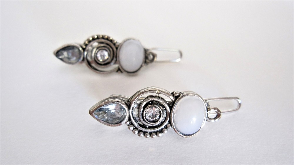 Set of 2 small white stone gray crystal metal hair barrette clip for fine thin