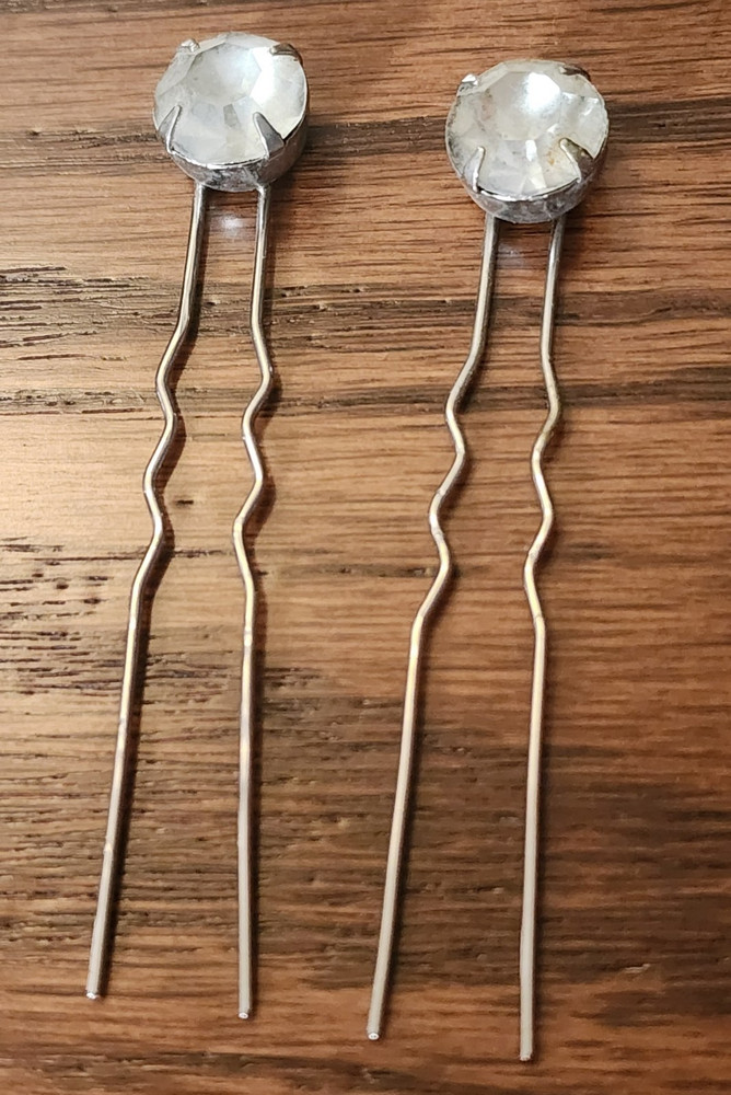 Antique Women’s 2-Pack Silver Metal Hair Pins w/ Clear Round Rhinestone Accents