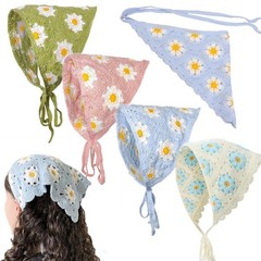 Pink & Green Crochet Knitted Floral Daisy Headband Bandana Hair Accessories