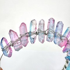 Pink Blue Ombre Aura Clear Quartz Crown Headband Iridescent Raw Stone Points