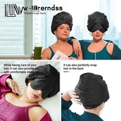 2-in-1 Satin Sleep Bonnet & Eye Mask, Adjustable Silk Hair Cap Large, Black
