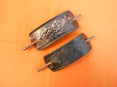 2 Leather Hair Barrettes w Sticks, Ponytail, Eagle Designs, Hand Crafted #335