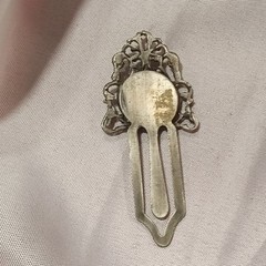 Vintage Victorian Silver Tone Filigree Metal Hair Comb Clip w/ Green Cabochon