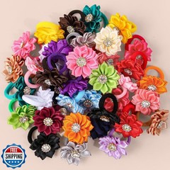 40pcs/set Baby Girls Flower Mini Hair Ties, Rhinestone Satin Hair Elastics fo