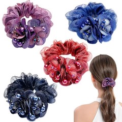 4 PCS Flower Hair Scrunchies for Women Rhinestone Elastic Hair Bands, Ponytail H