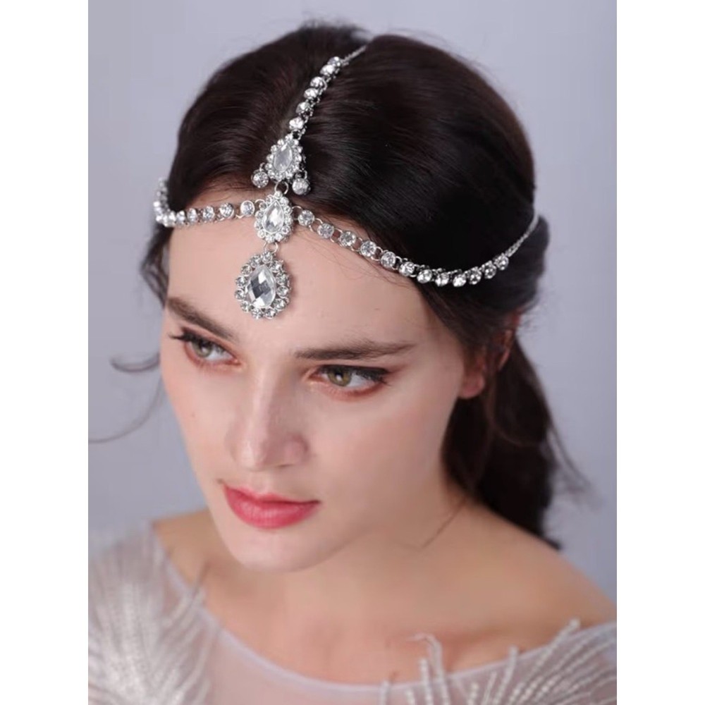 Crystal Bridal Headpiece – Silver Clear Rhinestone Forehead Chain