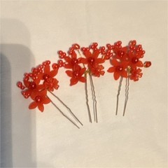 Red Metal & Plastic Floral Hair Pins with Beaded Accents for Women Wedding