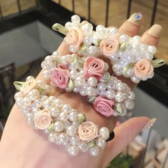 Women Sweet Scrunchies Pearls Flower Ponytail Holder Elastic Hair Bands Tie Rope