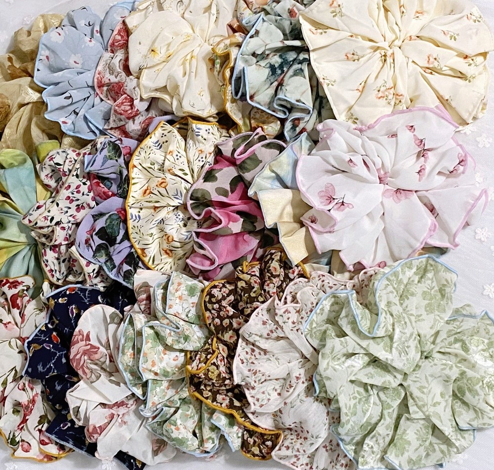 [US Seller] Random 4pcs Handmade Medium Large Size Ruffle Floral Hair Scrunchie