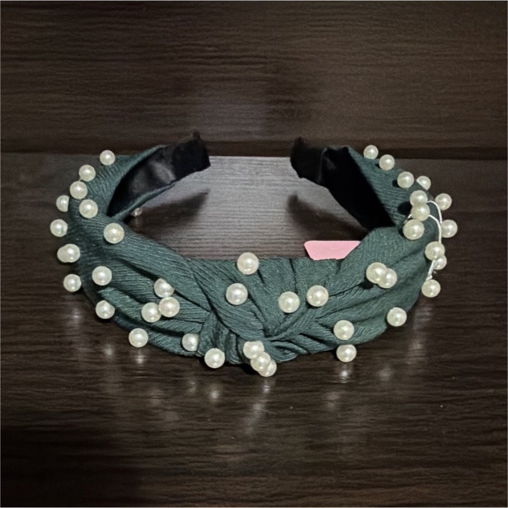 Women’s Green Fabric Headband with Faux Pearl Accents, Solid Casual