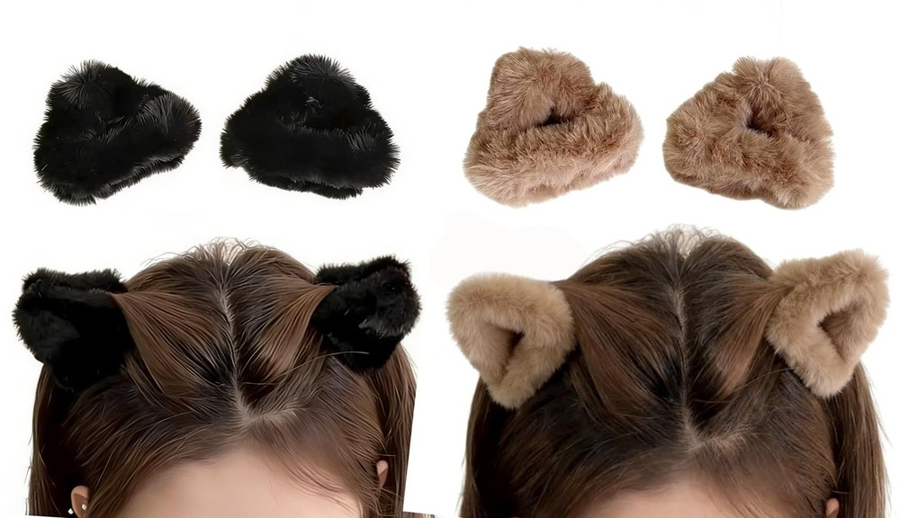 Erioctry 4 PCS Plush Cat Ears Hair Claw 1 Count (Pack of 1), black brown
