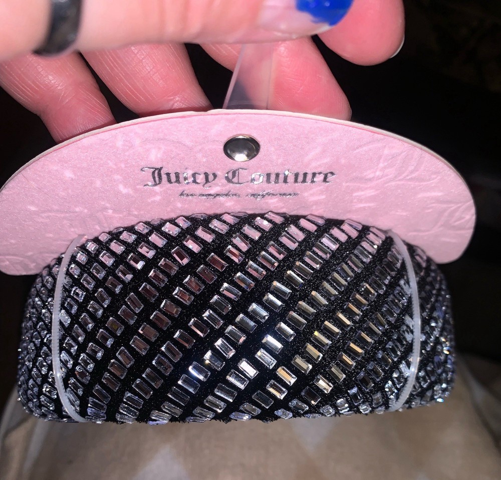 Juicy Couture Padded Black Fabric Headband Silver Rhinestone Logo