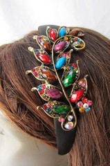 Fun Women Fashion Headband Long Big Floral Leaf Red Blue Gray Purple Beads Bling