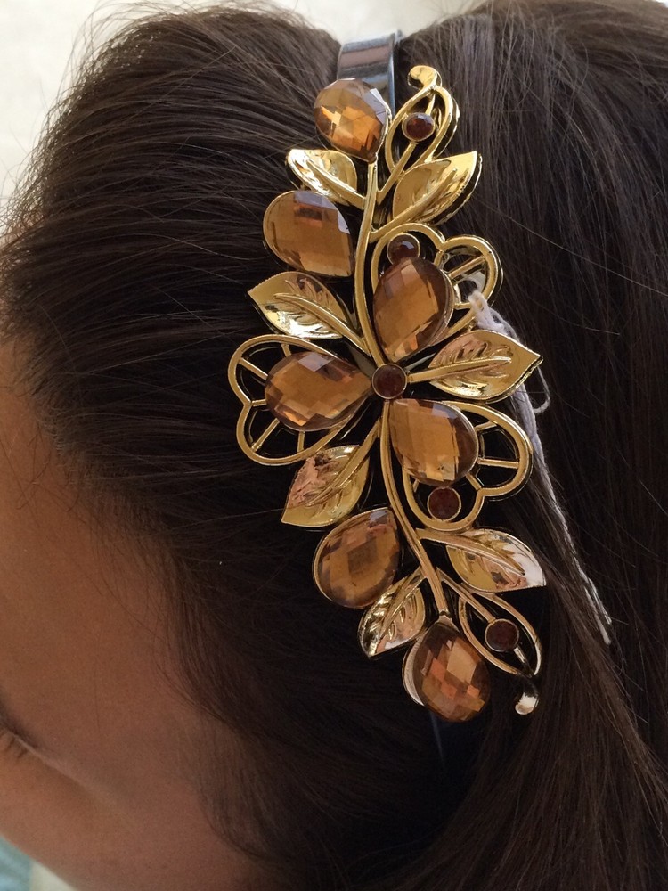 Black Plastic Gold Clover Leaf Acrylic Stone Headband Hair Accessory