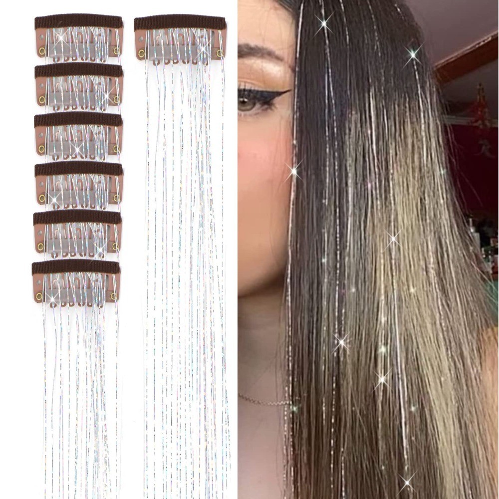 Heat Resistant Silver Hair Tinsel Kit Clip in Glitter Extensions Sparkly Fairy