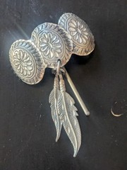 Large Decorative Pewter Pony Tail and Hair Braid Cover Concho Trio w/Dangling Fe