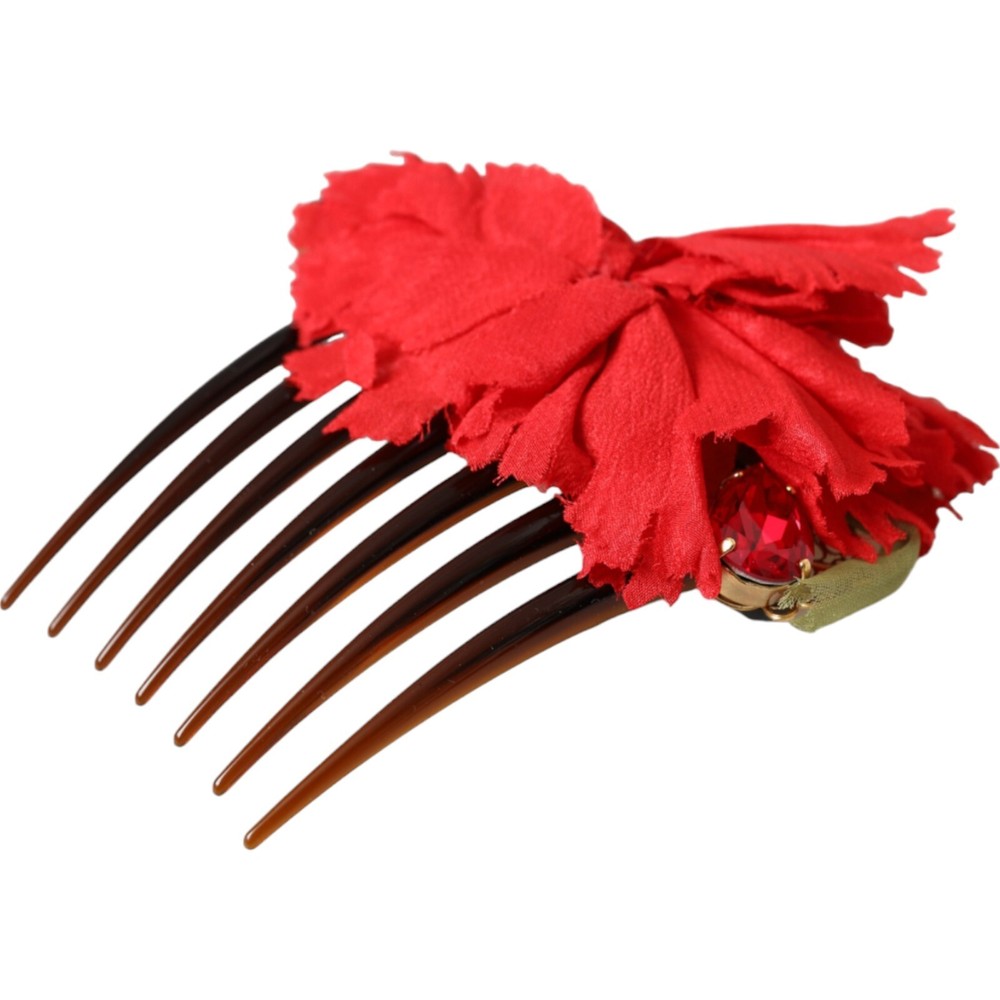 DOLCE & GABBANA Hair Comb Red Silk Floral Gold Brass Women Accessory RRP 1500usd
