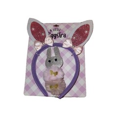 Easter Bunny Headband Cute Ears Pink Glitter Bow Pearl Accessory With 3 Barrett