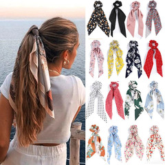 Fashion Flower Print Bow Satin Long Ribbon Ponytail Scarf Tie Scrunchies Women G