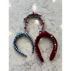Lot of 3 Fabric Covered Knot Headbands Checkered Americana Faux Pearl