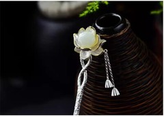 S925 Silver Chinese Lotus Women Hair Accessories Hairpin Retro Hanfu Hair Stick