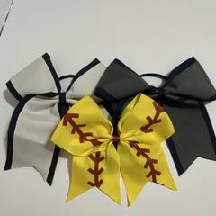 Lot of 3 Fabric Bow Hair Ties Softball Stitch Print Yellow Gray White Navy