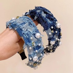 Denim Pearl Headband Women Girls Kids Knotted Headband Sparkle Rhinestone