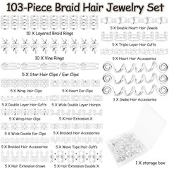 103PCS Hair Jewelry for Braids Accessories, Hair Cuffs & Rings, Loc Silver