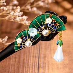Girl’s Fan Hair Stick with Earrings, Ebony Wood Handmade Hair , Carved Hairpi…