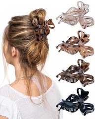 4 PCS Bow Hair Clips Bow Claw Black+Leopard Dark Brown+Leopard Light Brown+Gray
