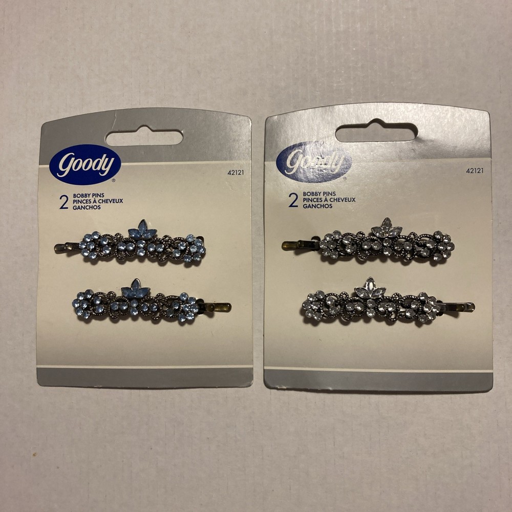 Goody 2 Bobby Pin Slides 2” Blue/White “Jeweled” Flowery 2004 New (2 Diff.) G69