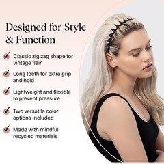 Kitsch Zig Zag Headbands for Women – 1 Count (Pack of 2), Black & Tort