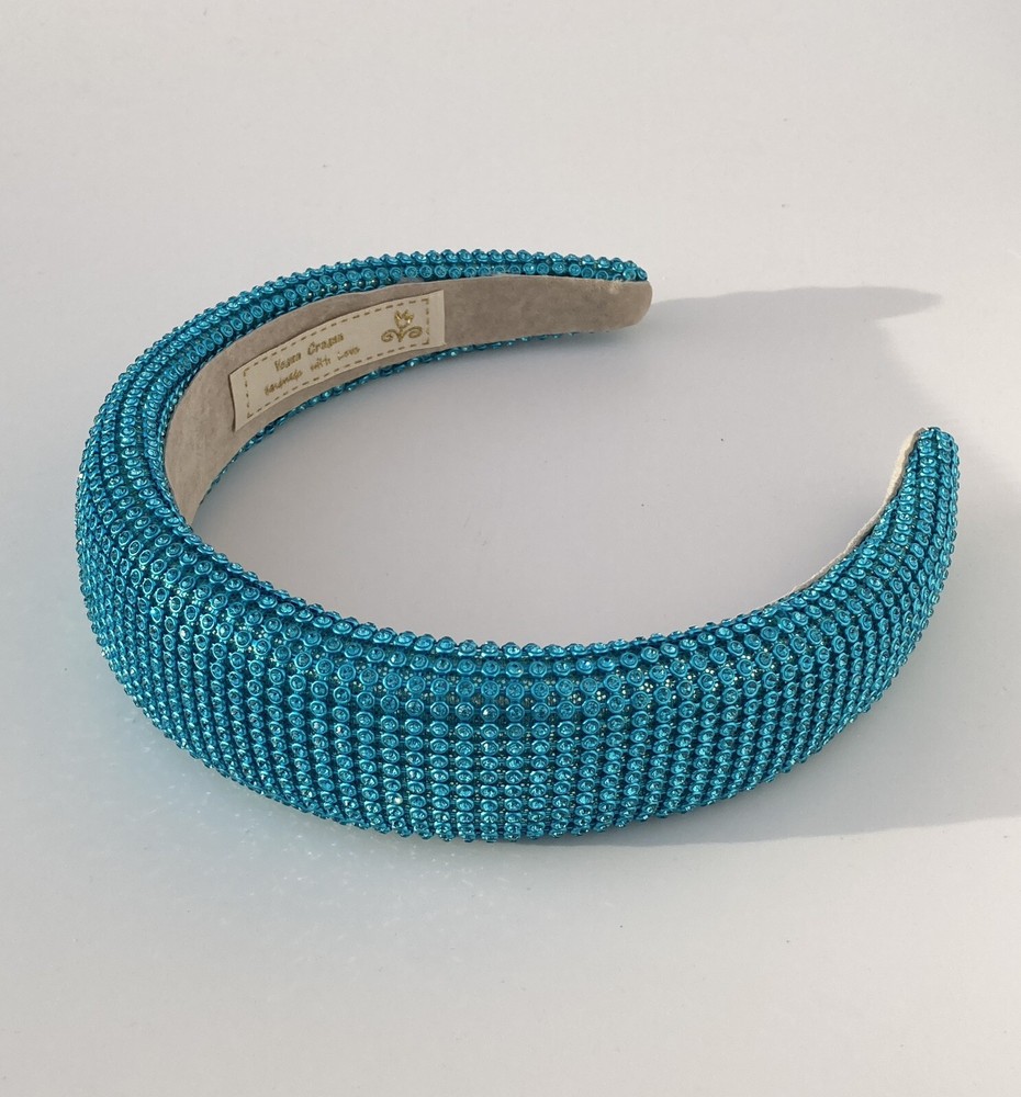Padded 1.5” Headband with Aquamarine Rhinestone Aluminum Mesh Overlay Handmade