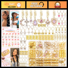 156Pcs Pink Crystal Dreadlock Jewelry, Gold Hair Cuffs & Coils, Braids Decor