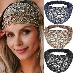 Elegant Women Hollow Headband Flower Pattern Shiny Rhinestones Faux Pearls Hair